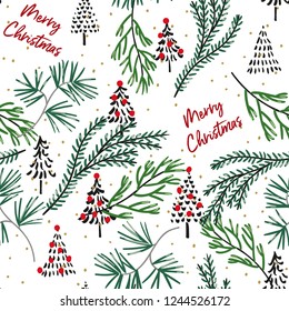 Merry Christmas seamless pattern, white background. Green pine twigs, trees with red balls, snow. Vector illustration. Nature design. Season greeting digital paper. Winter Xmas forest holidays