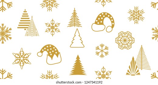 Merry Christmas seamless pattern. White and golden print with Santa hats, fir trees, snowflakes and other decorative elements.