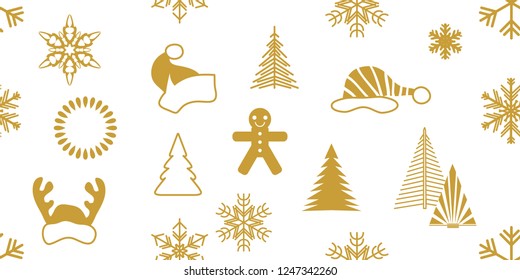 Merry Christmas seamless pattern. White and golden print with Santa hats, fir trees, snowflakes, circles and other decorative elements.