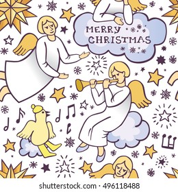 Merry christmas seamless pattern with white angels and bird singing a carol song. Cute background with stars and clouds in cartoon style in vector. Awesome design for the Holy Night celebrations.