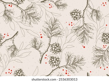 Merry Christmas Seamless Pattern. Winter Background with Xmas Tree Branches. Holiday Christmas Vector Ornament for Winter Holiday Design. Xmas Template