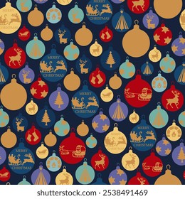 Merry Christmas Seamless Pattern. Winter Holiday Background with Xmas Toys and Balls. Chinese New Year Vector Ornament for Holiday Design. Xmas Seamless Colorful Template