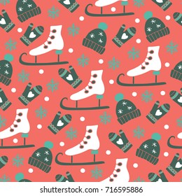 Merry christmas seamless pattern. Winter hats, mittens and skates. Hand drawn vector illustration.