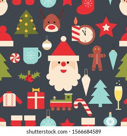 Merry Christmas Seamless Pattern for Wrapping Paper, Wallpaper, Greeting Design. Vector Illustration. Santa Claus, Christmas Deer, Gifts and Decorations.