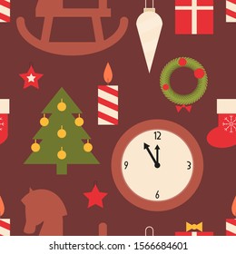 Merry Christmas Seamless Pattern for Wrapping Paper, Wallpaper, Greeting Design. Vector Illustration. Christmas Tree, Gifts and Decorations.