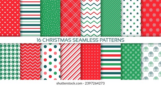 Merry Christmas seamless pattern. Xmas New year backgrounds. Prints with candy cane stripe, zigzag, polka dot and checkered. Set holiday textures. Festive red green wrapping paper. Vector illustration