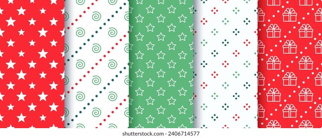 Merry Christmas seamless pattern. Xmas holiday background. New year prints with stars, gift box, circles. Set red green textures. Vector illustration