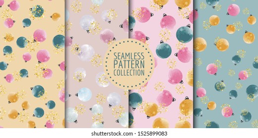 Merry Christmas seamless patterns set with various toys and gold glitter shapes. Winter trendy backgrounds in vector