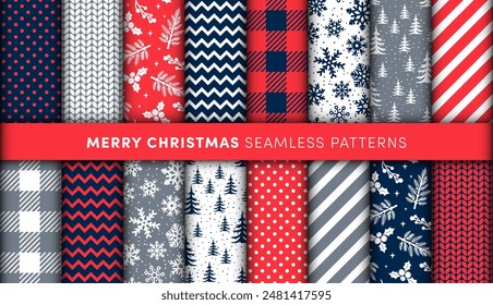 Merry Christmas seamless patterns set. Winter print collection. Scandinavian holiday background with Christmas tree, fir branch, berry, plaid, knitted, striped and snowflake texture season collection.
