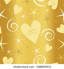 Merry Christmas Seamless Vector Pattern with hearts, spirals, stars and a golden background for decoration, invitation, wrapping paper, stationery