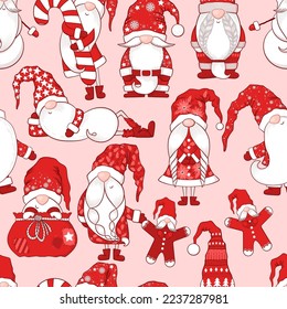 Merry Christmas Seamless vector pattern with cute hand drawn gnomes, Christmas trees and decorations isolated on pink background. Illustration for print, wrapping paper, fabric, card, wallpaper