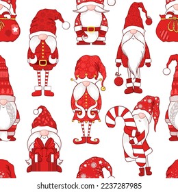 Merry Christmas Seamless vector pattern with cute hand drawn gnomes, Christmas trees and decorations isolated on white background. Illustration for print, fabric, wallpaper, wrapping paper, card