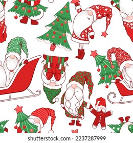 Merry Christmas Seamless vector pattern with cute hand drawn gnomes, Christmas trees and decorations isolated on white background. Illustration for print, wrapping paper, fabric, card, wallpaper