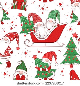 Merry Christmas Seamless vector pattern with cute hand drawn gnomes, Christmas trees and decorations isolated on white background. Illustration for print, fabric, wallpaper, card, wrapping paper