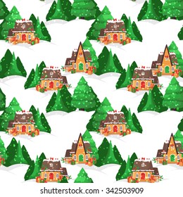 Merry Christmas seamless vector pattern with houses, christmas tree and snowflakes.