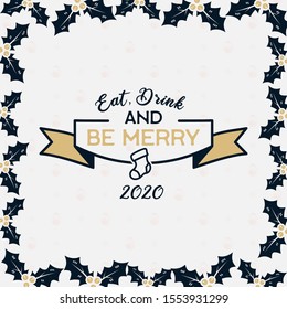Merry Christmas season graphic print, t shirt design for xmas party, cricut. Holiday decor with ribbon and texts - Eat, Drink and Be Merry. Stock vector isolated