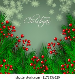 Merry Christmas season greeting card Winter party invitation wreath of fir pine branches with red berry background snowflake