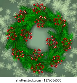 Merry Christmas season greeting card Winter party invitation wreath of fir pine branches with red berry background snowflake