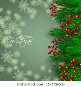 Merry Christmas season greeting card Winter party invitation wreath of fir pine branches with red berry background snowflake