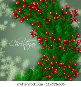 Merry Christmas season greeting card Winter party invitation wreath of fir pine branches with red berry background snowflake