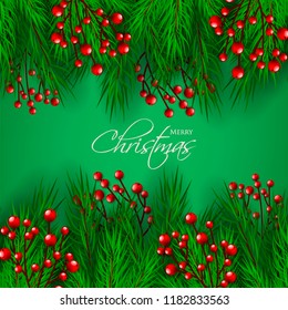 Merry Christmas season greeting card Winter party invitation wreath of fir pine branches with red berry winter holiday background green