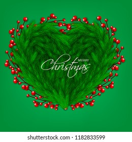 Merry Christmas season greeting card Winter party invitation wreath of fir pine branches with red berry winter holiday background green
