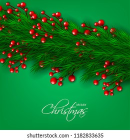 Merry Christmas season greeting card Winter party invitation wreath of fir pine branches with red berry winter holiday background green