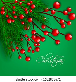 Merry Christmas season greeting card Winter party invitation wreath of fir pine branches with red berry winter holiday background green
