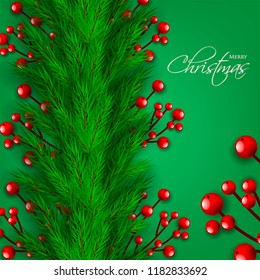 Merry Christmas season greeting card Winter party invitation wreath of fir pine branches with red berry winter holiday background green