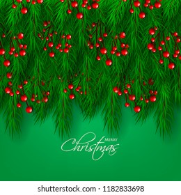 Merry Christmas season greeting card Winter party invitation wreath of fir pine branches with red berry winter holiday background green