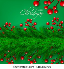 Merry Christmas season greeting card Winter party invitation wreath of fir pine branches with red berry winter holiday background green