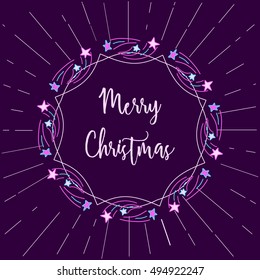 Merry Christmas. Season greeting card concept. Holiday vintage style frame. Design idea for New Year party border banner. Traditional celebration star decorative border. Vector illustration