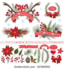 Merry Christmas season ,New year decoration set.Spruce fir tree branches,pine cones ,red berries,Poinsettia flower,holly,ribbons,lettering.Holiday composition,wreath.Vector Illustration,greeting cards