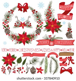 Merry Christmas season ,New year decoration set.Spruce fir tree branches,pine cones ,red berries,Poinsettia flower,holly,ribbons,lettering.Holiday composition,wreath.Vector Illustration,greeting cards