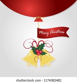 Merry Christmas season with red balloon hanging gold bell decoration illustration background