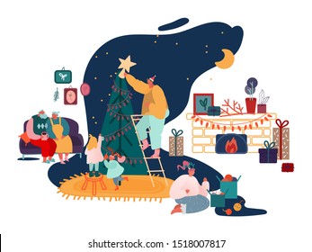 Merry Christmas Season and Winter New Year Family celebration Set, Parents and Children decorating Xmas tree, sing carols, packing presents at fireplace scenes. Vector illustration