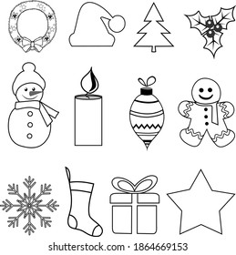 Merry Christmas Seasonal Decoration Elements in Simple Line Design. Vector Illustration