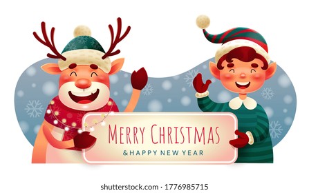 Merry Christmas seasonal holiday banner with a happy waving elf and reindeer holding up the text, colored vector illustration