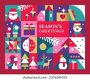 Merry Christmas, Season's Greeting and Happy New Year vector illustration for greeting cards, posters, holiday cover in modern minimalist geometric style.