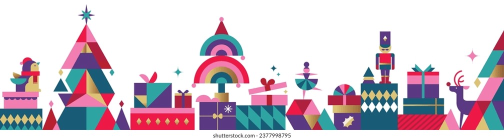 Merry Christmas, Season's Greeting and Happy New Year vector illustration for greeting cards, posters, banner, holiday cover in modern minimalist geometric style.