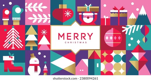 Merry Christmas, Season's Greeting and Happy New Year vector illustration for greeting cards, posters, holiday cover in modern minimalist geometric style.