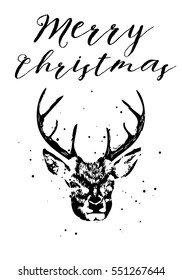 Merry Christmas and Seasons Greetings card with brush calligraphy and handdrawn dear. Vector.