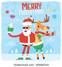 Merry Christmas Selfie with Santa Claus and Reindeer. Vector Winter Holiday Illustration landscape, with smartphone