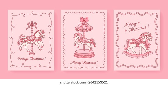 Merry Christmas set of 3 vertical cards with vintage carousel horse, vintage toy rocking horse, bows, hearts. Templates with whimsical animals for invitation, poster, cover. Coquette retro concept