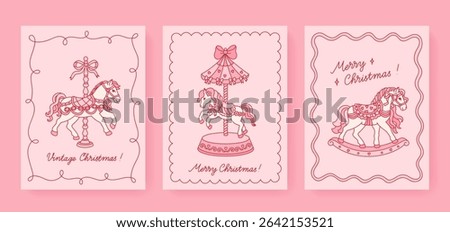Merry Christmas set of 3 vertical cards with vintage carousel horse, vintage toy rocking horse, bows, hearts. Templates with whimsical animals for invitation, poster, cover. Coquette retro concept