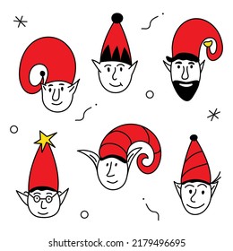 Merry Christmas set of  avatars with head elf or gnome character portrait. The xmas black and red vector illustration in doodle art style. Trendy hand drawn icons. 