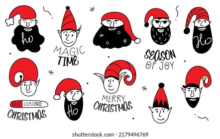 Merry Christmas set of avatars with head elf, Santa Claus character portrait and lettering Merry Christmas, Magic Time, Season of Joy. The xmas black and red vector illustration in doodle art style. 