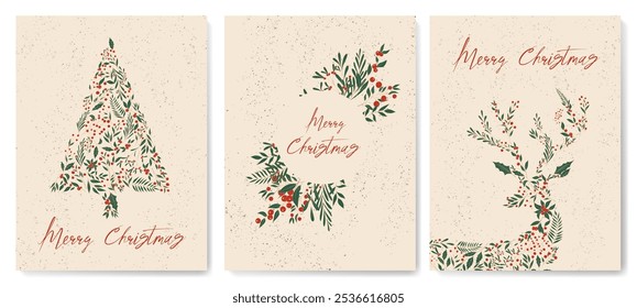 Felices Navidades. Conjunto de fondos con árbol de Navidad y ciervos con bayas y hojas patrón para el diseño de tarjetas, cartel, impresión, Fondo de pantalla, redes sociales, Plantilla de saludo.