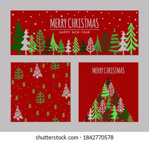 Merry Christmas set banner, postcard and seamless pattern. Christmas trees and snow art on a red background. Vector illustration.