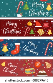 Merry Christmas set of banners, template with space for text for your design. Winter holiday collection long board, poster, flyer. Flat style. Vector illustration